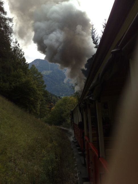 Die Dampflokomotive raucht, dampft, zischt und pfeift den steilen Berghang hoch.